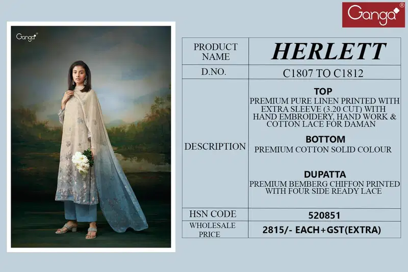 Harlett By Ganga Heavy Pure Linen Printed Dress Material Wholesalers In Delhi